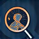 Abstract icon of a network and a magnifying glass.