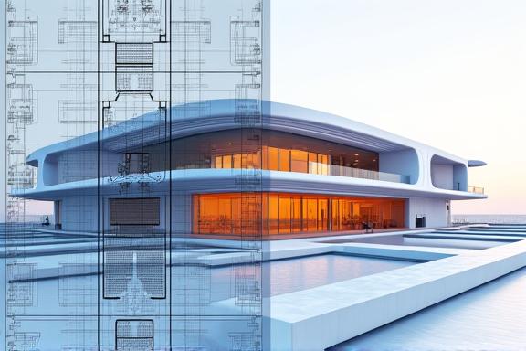 Blueprint and 3D render of a modern sports training facility.