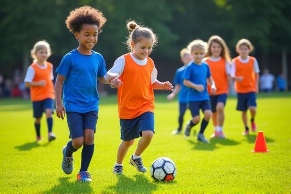 Group of young football players training on a sunny day.