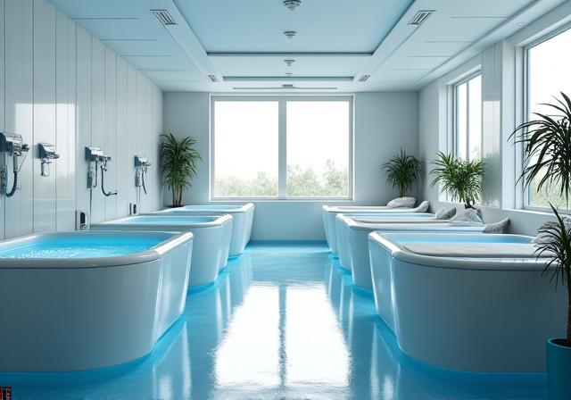 The recovery zone with ice baths and physiotherapy tables.